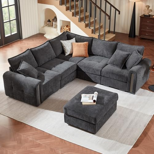 Vesgantti U Shape Corner Sofa with Storage, Modular Dark Grey Chenille Sofa | Cloud Comfort, Deep Seat, Easy Assembly, 2C2 Corner Couch Set with Movable Ottoman, Sectional Couch for Living Room, Office