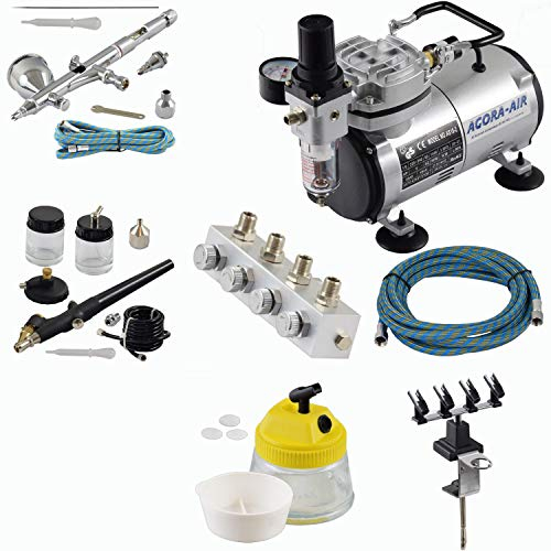 Agora-Tec® Airbrush Komplett-Set EXPERT XVII.3, inkl. Kompressor mit 4 bar und 20l/min + 2 Airbrushpistolen mit 0,2 & 0,3 & 0,8mm Nadeln/Düsen + regelbaren 4-fach Luftverteiler + 4fach-Halter + Clean-Pot + 2 Schläuche + Adapter