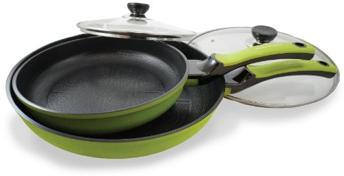 Bella Flame - Set di 4 pentole antiaderenti rivestite in ceramica verde da 30,5 cm e 24,1 cm, con coperchi in vetro, motivo floreale, design bello ed elegante, rivestimento in nano ceramica (100%