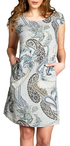 Caspar SKL022 Damen Sommer Leinenkleid mit Paisley Print bis Größe 50, Farbe:hellgrau, Größe:M - DE38 UK10 IT42 ES40 US8