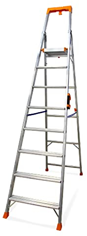 K•LUTECH - Klappleiter, Stehleiter, Stufe, aus Aluminium, Profi-Qualität, Komfort-Tragegriff, Werkzeughalter aus ABS (8 Stufen)