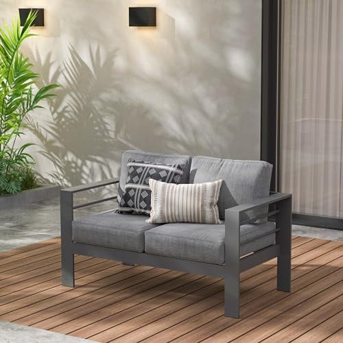 Wisteria Lane Patio Möbel Aluminium Loveseat, Allwetter Outdoor 2 Sitze Sofa Couch, Grau Metall Stuhl mit dunkelgrauen Kissen