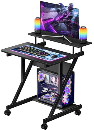 Dripex Computer Desk with Monitor Shelf - Mobile Z Shaped Home Office Desk with Storage Shelves and Movable Wheels for Small Spaces, Compact Corner Desk Space-Saving, Black