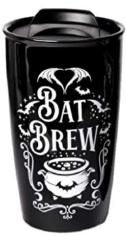 Alchemy Travel Mug Double Wall Ceramic Mug, Goth Reusable Coffee Cup, Bat Brew 12oz