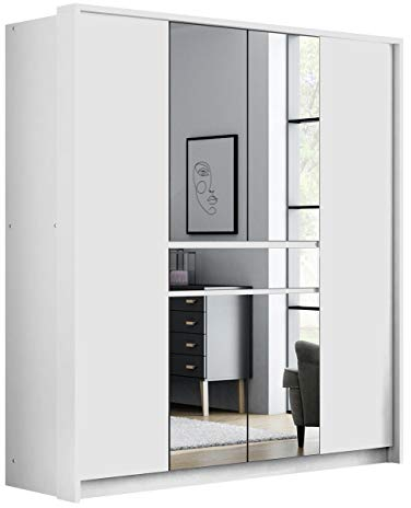 Drehtürenschrank Henisa mit Spiegeltüren und Schubladen, innen 4 Kleiderstangen und Einlegeplatten, Kleiderschrank, Garderoben, Schlafzimmer, Jugendzimmer, Diele & Flur (Weiß / Weiß + Spiegel, 200 cm)