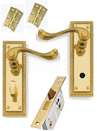 Ironmongery Hardware Online Georgian Electro Brass Lever Bathroom Door Handles + 64mm Bathroom Lock + 3 Hinges