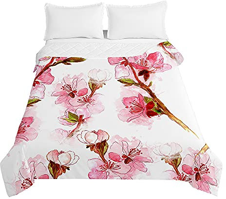 Surwin Couvre Lit Matelassé pour 1 ou 2 Personnes, Réversible Marguerite Imprimé Fleur de Lit Couverture de lit Doux Microfiber Jeté de Lit Couvre-lit Printemps Été (Rose,130x150cm)