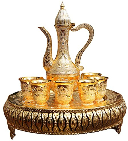 Turkish Coffee Cup and Tea Pot Set Including Teapot,Tea Tray,6 Metal Cups,Tea Service Set for Tea Table Decor,Hip Flask(Gold)