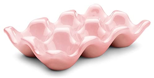 Flexzion Hueveras de cerámica, -6 tazas, Hueveras para frigorifico de diseño moderno, Bandeja para huevos de gallina, Organizador decorativo para los huevos de Pascua, Rosa