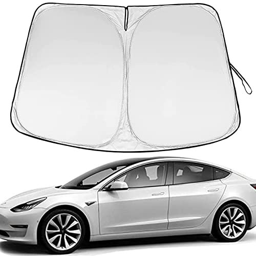 Golufomi Windschutzscheiben-Sonnenschutz für Tesla Model 3 Model Y, Tesla Frontscheiben-Sonnenschutz mit Aufbewahrungstasche, 240T reflektierendes Polyester, doppelter Sonnenschutz, Tesla Model 3/Y