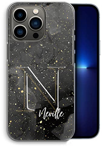 Personalised Apple iPhone Case, Custom Plastic Hard Phone Cover, White Name Grey Initial Charcoal Marble, Initial Case for iPhone 15, 14, 13, 12, 11, Pro Max, Mini, XR, SE