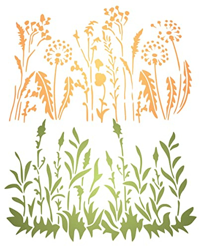 2 x Löwenzahn-Schablonen, 2 Stück/25,5 x 16,5 cm (M) – Verwenden Sie Gräser und Blumen, um gemischten Media-Hintergründen Textur und Design hinzuzufügen