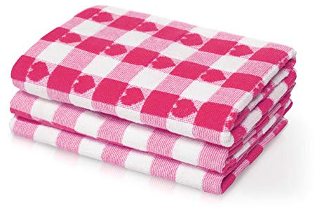 La Maison Pack of 3 Hearts Check Woven Tea Towel Large Super Absorbent 100% Cotton Kitchen Towels (Pink)