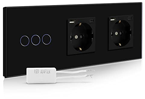 BSEED Dimmer Schalter mit Doppel USB Steckdose Anschluss (Max. 2.1A) Typ C Port 1 Fach 1 Weg Led Dimmer Schalter mit Touchscreen Wandsteckdosen mit USB Steckdose Touch Lichtschalter Schwarz