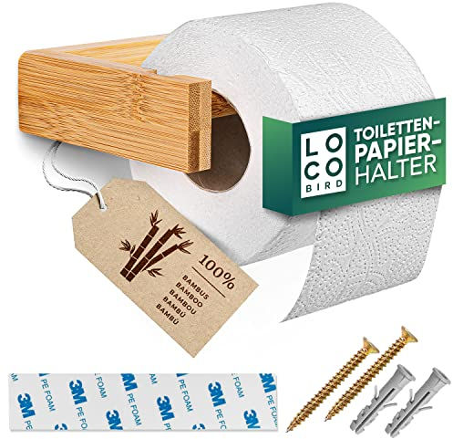 Loco Bird Bambus Toilettenpapierhalter ohne Bohren - Selbstklebender Klopapierhalter Holz Inkl. Klebeband + Schrauben - Klorollenhalter zum Kleben - Toilettenpapier Klopapier WC Papier Halterung