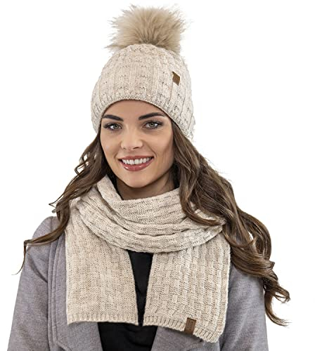 VIVISENCE Trendige Damen Winter Bommelmütze Mit Weichem Vlies-Innenfutter Aus Wärmendem Garn Antistatische Eigenschaften Perfekte Passform Für Kalte Wintertage Modisches Design, Beige,Einheitsgröße