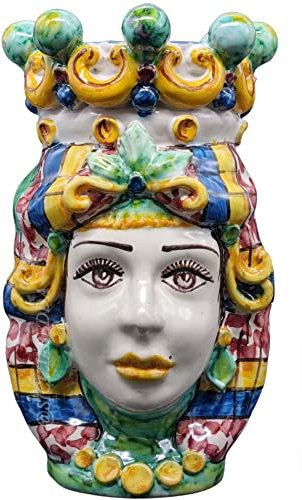 sicilia bedda - Teste di Moro Siciliane Ceramica di Caltagirone - Realizzazione interamente Artigianale (Altezza 20 Centimetri, Donna Verde)