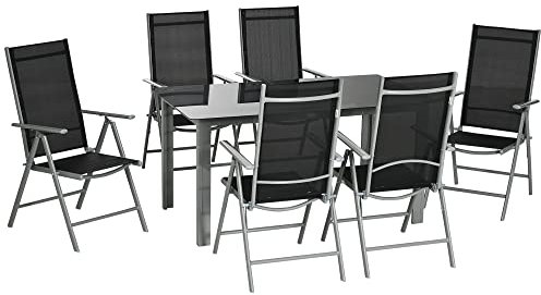 Outsunny 7 Piece Garden Dining Set, Outdoor Table and 6 Folding and Reclining Chairs, Aluminium Frame, Tempered Glass Top Table, Texteline Seats, Black