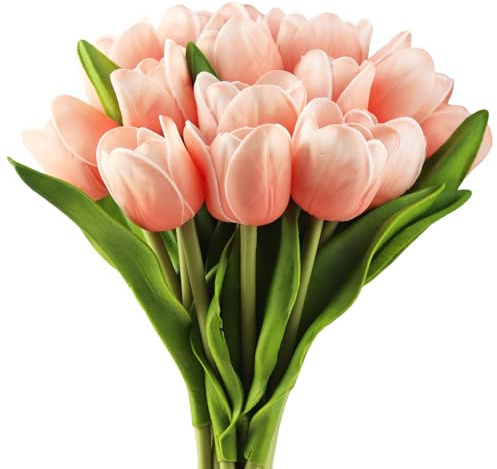 Buart Künstliche Tulpe in Großpackung für Zuhause, Küche, Hochzeit, Brautstrauß, künstliche Blumen für Valentinstag, Muttertag, Ostern, Tischdekoration (mittlere Größe, Pfirsich, fühlt sich echt an,
