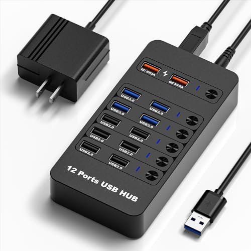 Arector Hub splitter USB 3.0 a 12 porte, hub USB alimentato con 2 porte di ricarica intelligenti, 10 porte USB A, singoli interruttori on/off, trasferimento ad alta velocità USB 3.0 5 Gbps, hub USB
