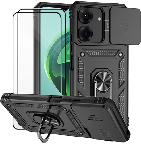 Dechyi Cover per Xiaomi Redmi 13C 4G /Poco C65 e 2 Vetro Temperato Custodia con Scorrevole Protezione Fotocamera Custodia Rotante Anello Supporto Antiurto TPU Bumper Custodie-Nero