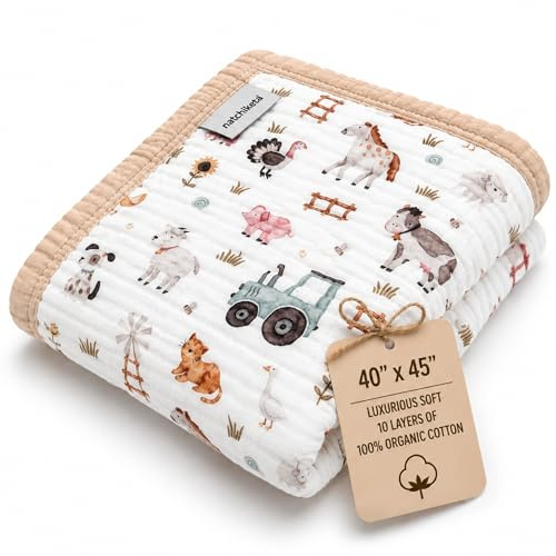 Organic Cotton Muslin Baby Blanket for Boys and Girls - Luxurious Soft Toddler Quilt for Swaddling - Gender Neutral Blanket - Baby and Toddler Gift - Farm
