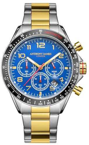 Anthony James Tachymeter Chrono-Armbanduhren für Herren – Rückseite aus Stahl, Analog, Armband aus Edelstahl, handmontiert, Wasser- und Kratzfeste Herrenuhr – (Blau)