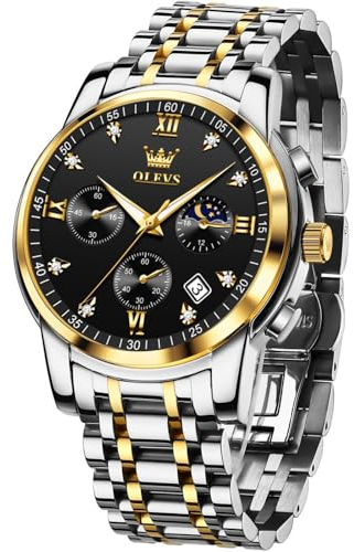 OLEVS Bicolor Herren Armbanduhr Silber Gold Metallarmband Modern Wasserdicht Herrenuhren Edelstahl Großes Quarz Armbanduhren für Herren Schwarz Zifferblatt Mondphase Analog Uhr Männer mit Datum