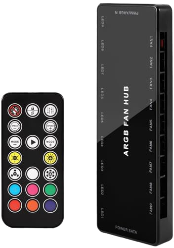Joycabin ARGB PWM Fan Hub, ARGB Hub Mit Controller, 2-in-1 PWM-Anschluss ARGB Integrierter Lüfter Hub, Magnetische Basis und SATA Power 18 Port, Support 9 Computer CPU Fans Splitter