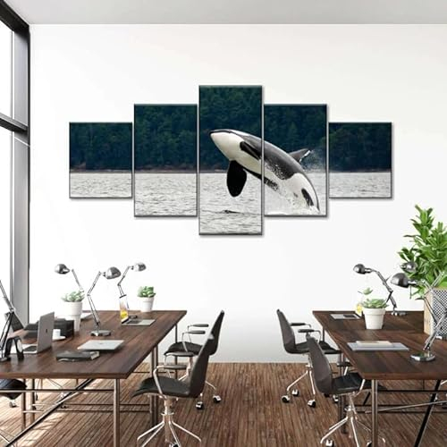 LDHZSS Moderne Bilder Wohnzimmer 5 Teiliger Orca Springen Poster Mit Rahmen Hd Für Heimdekoration Personalisierte Bilder Leinwandbilder Xxl