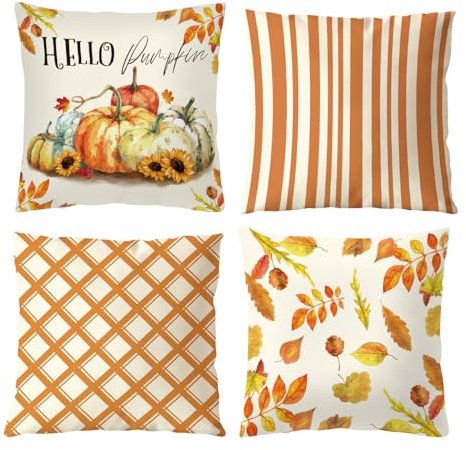 Aitsite Herbst Kissenbezug, 4er Pack Kissenbezug Herbst, Kissenbezüge Herbst 45x45, Kariertes Gestreiftes Kürbis-Kissen Kissenbezüge Herbst Dekorative Kissen Set Sofa Wohnzimmer Dekoration