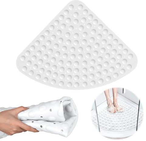 Miawtro Corner Shower Mat, Soft Rubber Shower Mat, Corner Shower Mat Non Slip Anti Mould, Machine Washable Large Quadrant Shower Mat for Shower or Tub, Corner Bath Mat White(54x54cm)