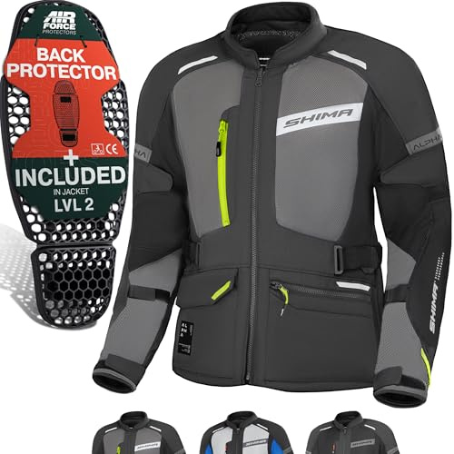 SHIMA ALPHA Motorrad Jacke Herren mit Protektoren AIRFORCE Rückenprotektor Schutzjacken Schulter Protektor Ellbogen Textiljacke Wasserdicht Protektorenjacke Motorradkombi (Männer, Fluo, 4XL)