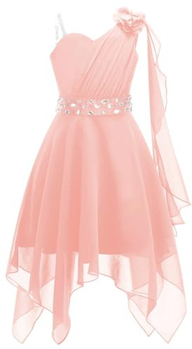 Miaeowve Enfant Fille Robe Soirée Princesse Strass Robe Mariage Demoiselle d'honneur Une Epaule à Fleur Robe de Fête Cérémonie Bal 6-16 Ans Rose 13-14 Ans