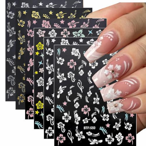 Lot de 6 Feuilles D'autocollants pour Ongles Motif Fleur D'hibiscus, Feuilles Fleurs Stickers Ongles Nail Art Autocollants Ongles Décoration Ongle Motif Fleur Accessoires Manucure Fête Bricolage Ongle
