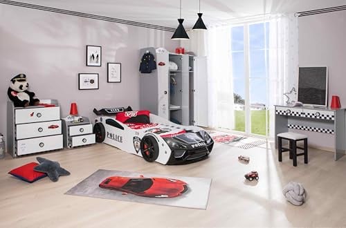Aileenstore Kinderzimmer Komplett Set Jugendzimmer Kindermöbel 5 teilig mit Autobett Police (ohne Matratze)