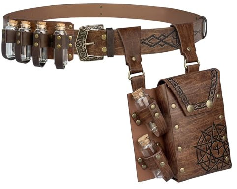 EpicCos 3 PCs Medieval Alchemy Belt Waist Pack Combo mit Mehreren Trank Flaschen, Wikinger Niet Gürtel Seitentasche für Cosplay (Braun D)