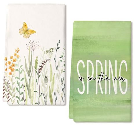 YUNHENTONG Geschirrtücher Frühling, 2 Stück Küchenhandtücher Frühling, Lustige Geschirrtuch Küchentücher Blumen Geschirr Handtücher für Frühlingshafte Küchenutensilien, 40 x 60 cm (Grün)