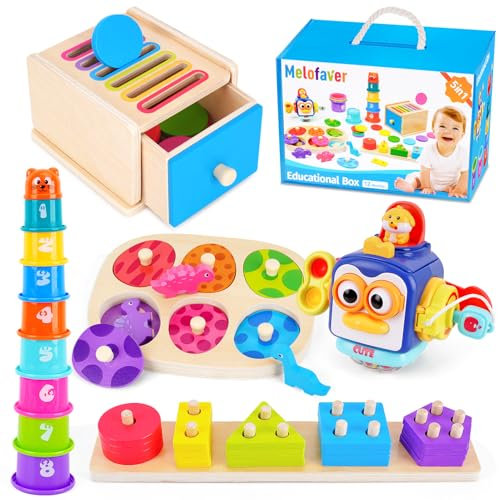 Melofaver Montessori Spielzeug ab 1 Jahr, Baby Motorikspielzeug ab 1 2 3 Jahr, Holzpuzzle, Sensorik Spielzeug, Stapelturm, Stapelspielzeug, Farbe Sortierspielzeug, Geschenk für Junge Mädchen