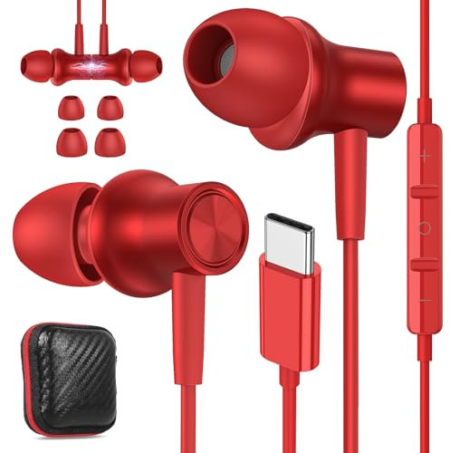 USB C Headphone for Samsung S24 Ultra S23 Fe S22, Type C Earphone Noise Isolating with Mic Stereo Magnetic Corded USBC Earbud for iPhone 16 15 Pro Max Plus iPad Galaxy A35 Flip 6 Pixel 9 8 7 Pro, Red