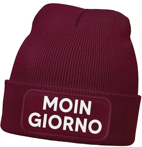 MoonWorks® Damen Beanie mit Patch Strickmütze mit Spruch Wortspiel Moin Giorno Lustig Damenmütze