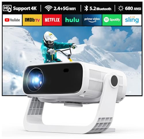 Smart Projector Built-in Apps, Android 11 Native 1080P WiFi 6 Bluetooth 5.2, 4K Supported, Low Fan Noise (<30dB), 120° Adjustable Stand, Home Cinema Projector for iOS/Android/PS5