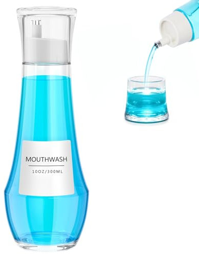 hoforife Mundspülspender aus Glas für Badezimmer, 250 ml, klein, transparent, nachfüllbar, Mundspülflasche mit Deckelbecher