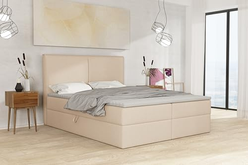 Imebel Boxspringbett Calipso 1, Komplett-Set mit Bonell Matratze H3 und Topper, Polsterbett mit Bettkasten, Doppelbett (beige, 140x200 cm)