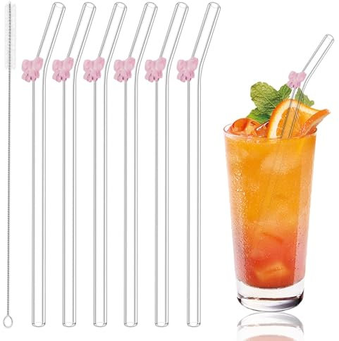 6 Pcs Reusable Glass Straws Cute Pink with 1 Cleaning Brushes Shatterproof Bend Clear Straws Bow Decor Party Decor Fashionable for Bar Accessories Milkshakes Cocktails Bridal Engagement Drinkware