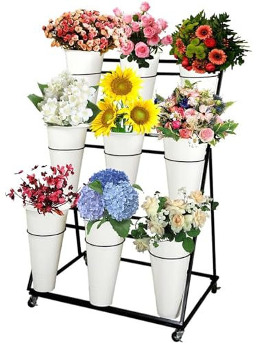 Blumenständer mit Plastikeimern – bewegliches Blumenregal aus Schmiedeeisen für Terrasse, Garten, Wohnzimmer und Floristen – einfach zu installierender Pflanzenständer für den Außenbereich (3 Schich