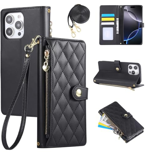 Rosbtib Wallet Case for iPhone 16 Pro Max Case With Crossbody Strap and Lanyard Premium PU Leather Flip Folio Cover with Card Slot & Kickstand Compatible with iPhone 16 Pro Max - Black