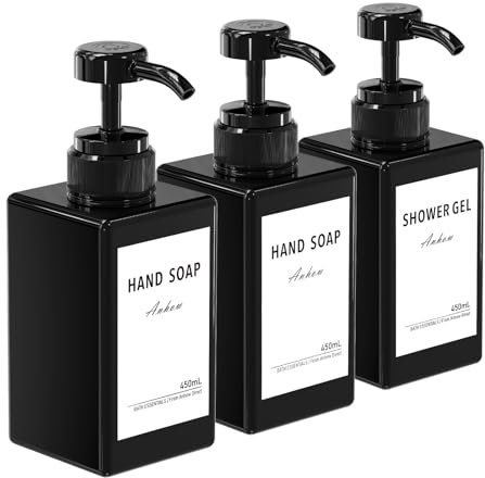 Anhow 3er 450ml Shampoo Flaschen zum Befüllen, PETG Seifenspender Kunststoff mit Kategorie Etiketten für Leere Nachfüllbare Pumpflaschen - Schwarz