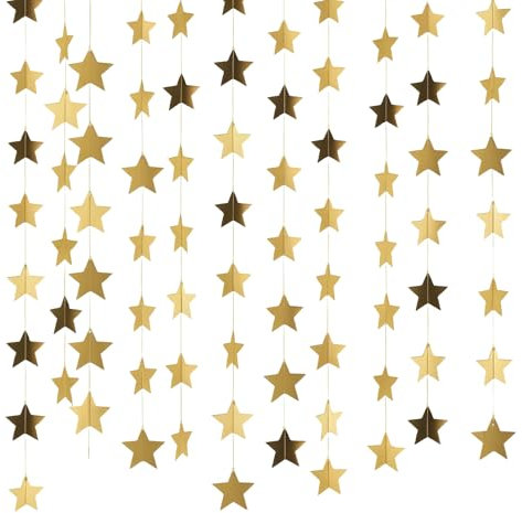 AYESY Glitzer Stern Girlande, 6 Stück 4m 78 Fuß Sternen Papier Girlande Deko Hängende Sternengirlande Papiergirlande mit Reflective für Geburtstag Karneval Jubiläen Hochzeiten Partydeko (Gold)