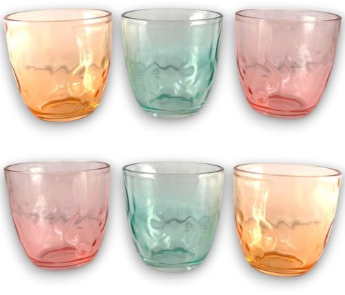 KORAT Set di 6 Bicchieri Acqua in Vetro Colorati Brillantezza Pura, 210 ML, Resistenti in Lavastoviglie, Design Moderno, Ideali per Tavola Personalizzata Multicolore, Bibite (210 ML, Martellato)